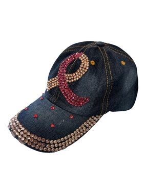 Embellished Denim Baseball Cap with Pink cancer ribbon Crystal Accent